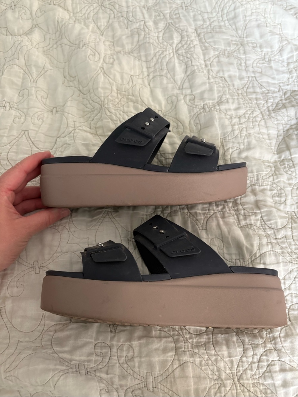 CROCS Navy Double-Strap Platform Sandal with Tan Sole - Picture 2 of 5
